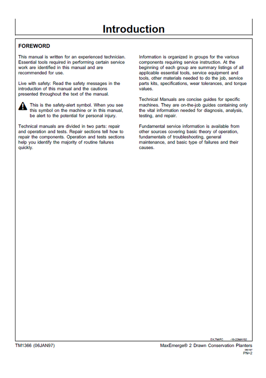 John Deere 7200 Conservation Planter Technical Repair Manual TM1366