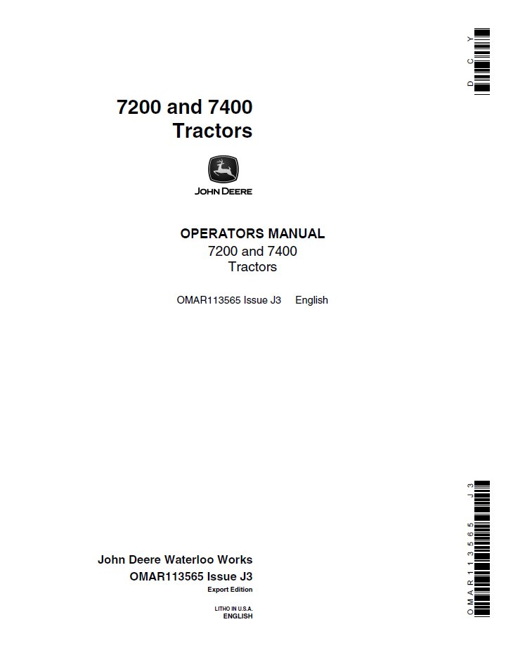 John Deere 7200 and 7400 Tractor Operator Manual (OMAR113565)