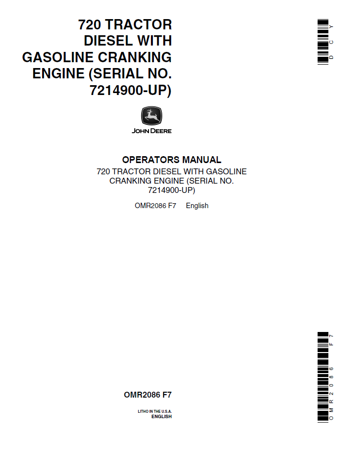 John Deere 720 Diesel Tractor Operator Manual (OMR2086)