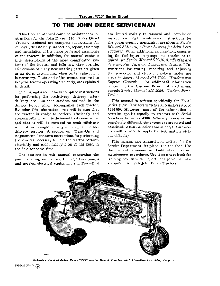 John Deere 720 Series Diesel Tractor Operation Service Manual SM2020