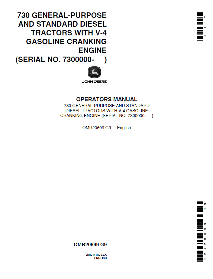 John Deere 730 Diesel Tractor Operator Manual (OMR20699)