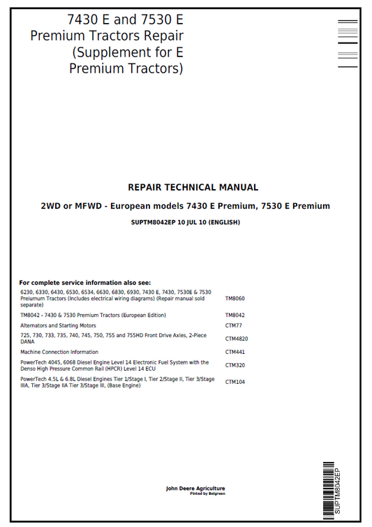 John Deere 7430E 7530E Premium Tractor Technical & Repair Manual