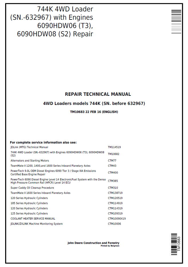 John Deere 744K 4WD Loader TM10683 Repair Technical Manual