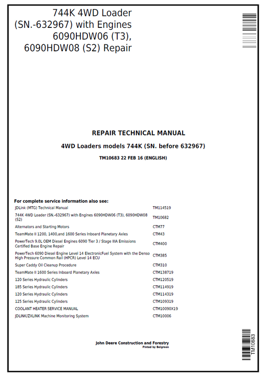 John Deere 744K 4WD Loader TM10683 Repair Technical Manual