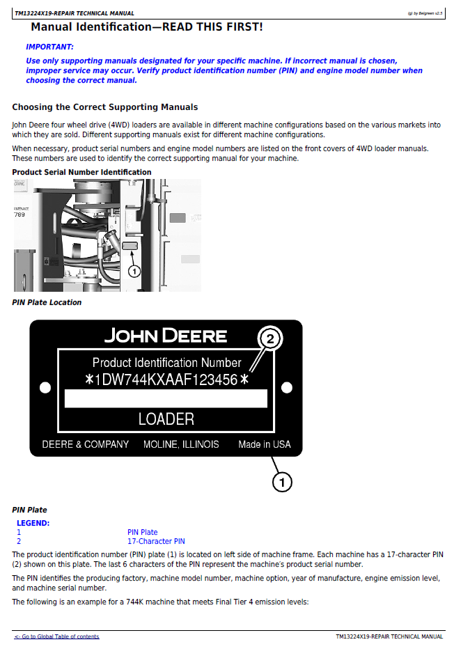 John Deere 744K Series II Loader TM13224X19 Complete Technical Service Manual