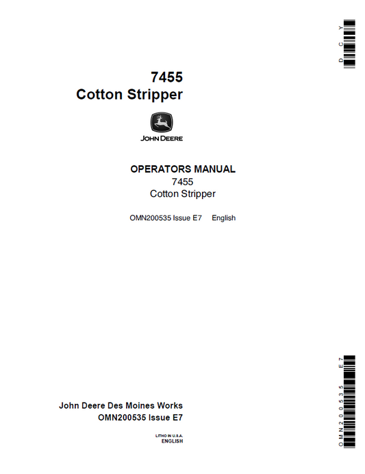 John Deere 7455 Cotton Stripper Operator and Repair Manual