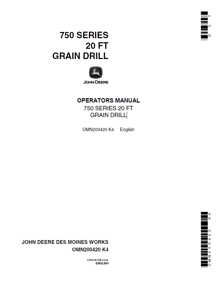 John Deere 750 Series 20 Ft Grain Drill Operator Manual (OMN200420)