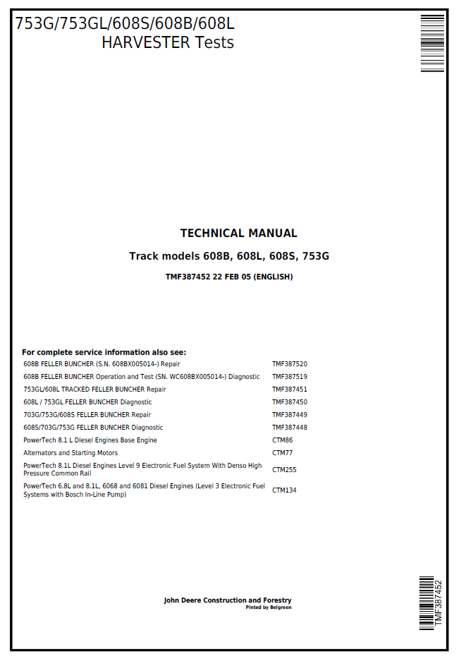 John Deere 753G 753GL 608S 608B 608L Harvester Test Manual TMF387452