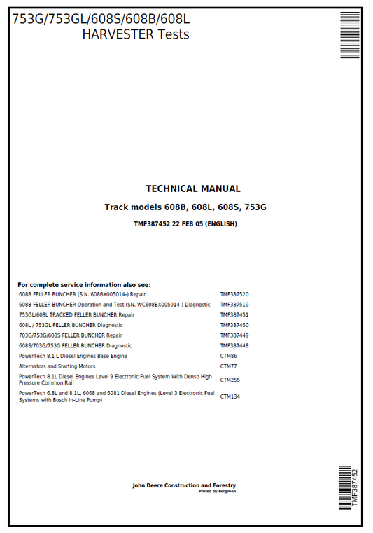 John Deere 753G 753GL 608S 608B 608L Harvester Test Manual TMF387452