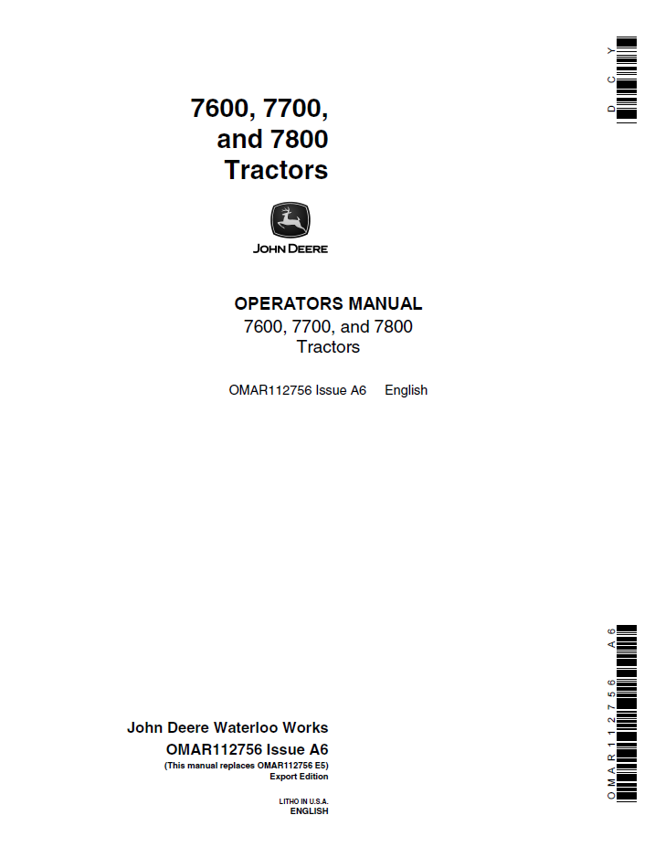 John Deere 7600 7700 7800 Tractor OMAR112756 Operator Manual PDF