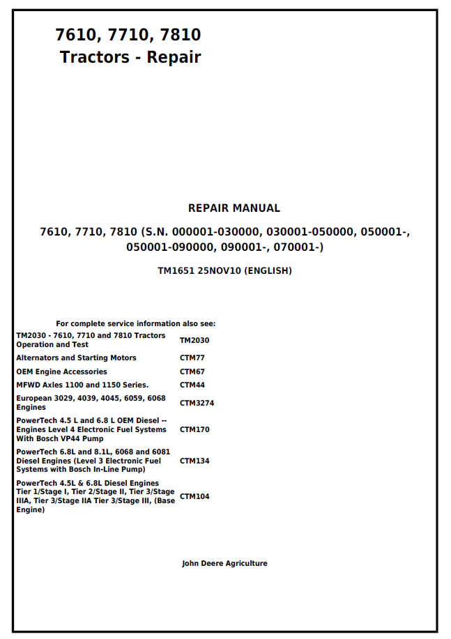 John Deere 7610 7710 7810 Tractor Repair Manual