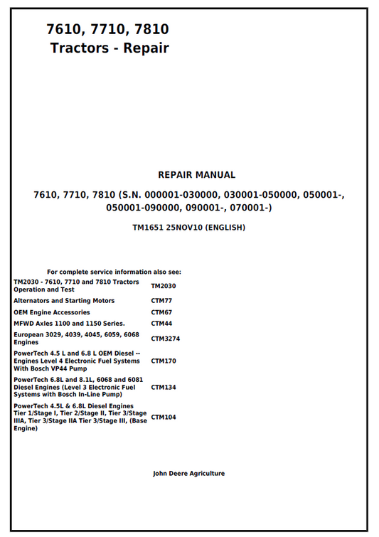 John Deere 7610 7710 7810 Tractor Repair Manual