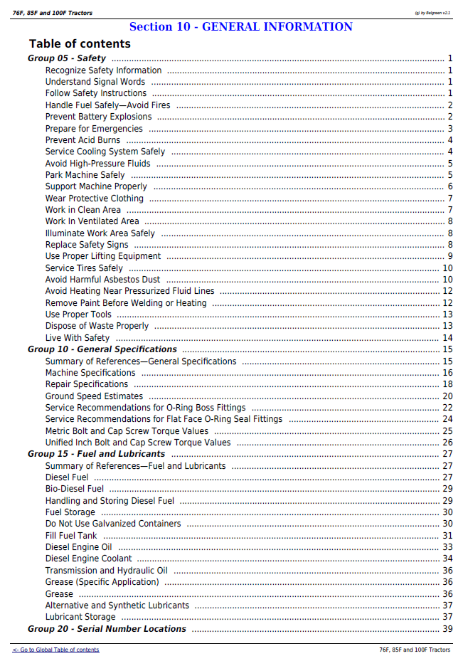 John Deere 76F 85F 100F Factory Technical Manual PDF
