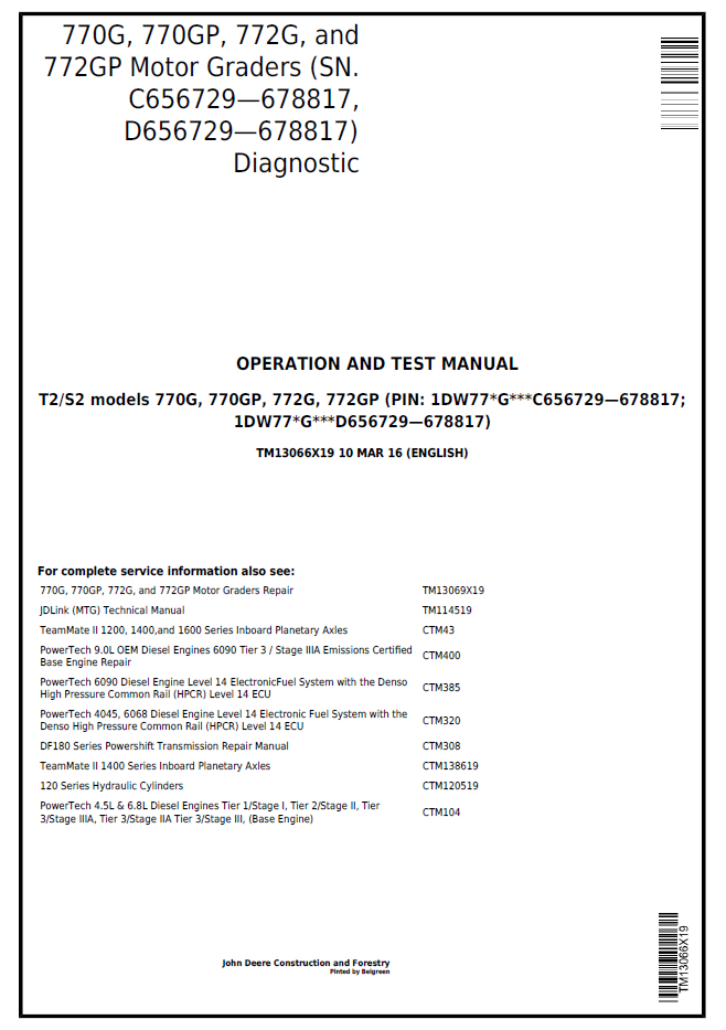John Deere 770G 770GP 772G 772GP Motor Grader Diagnostic Manual TM13066X19