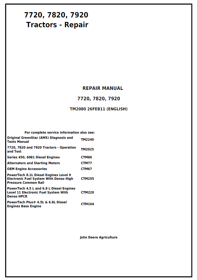 John Deere 7720 7820 7920 Tractor Repair Manual