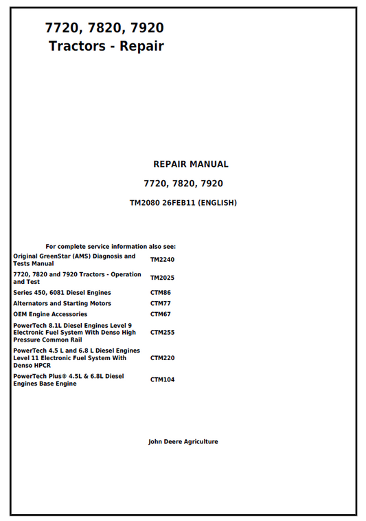 John Deere 7720 7820 7920 Tractor Repair Manual