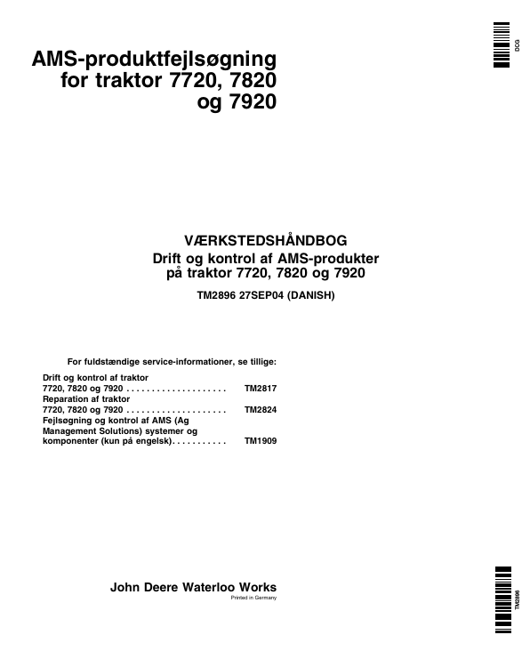 John Deere 7720, 7820, 7920 Tractor Technical Manual TM2896 PDF