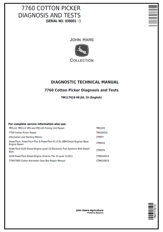 John Deere 7760 Cotton Picker TM117619 Diagnostic & Test Manual