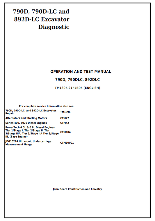 John Deere 790D, 790D-LC & 892D-LC Excavator Diagnostic, Operation & Test Manual (TM1395)