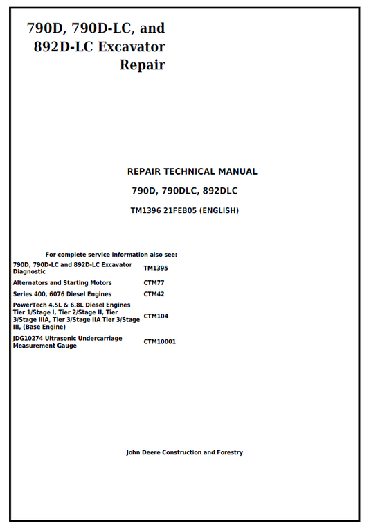 John Deere 790D, 790D-LC & 892D-LC Excavator Repair Technical Manual (TM1396)