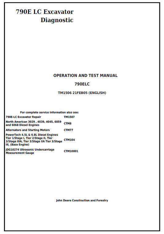 John Deere 790E LC Excavator Diagnostic, Operation & Test Manual (TM1506)