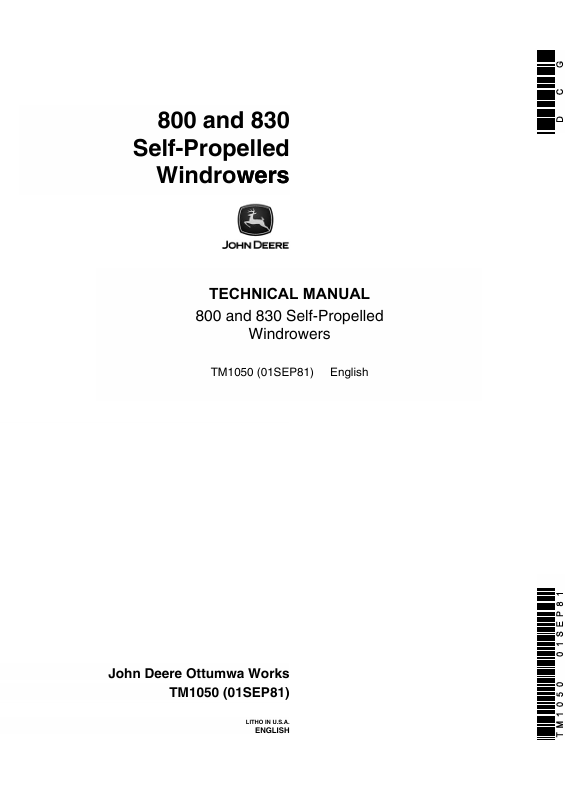 John Deere 800, 830 Self Propelled Windrower Technical Manual TM1050