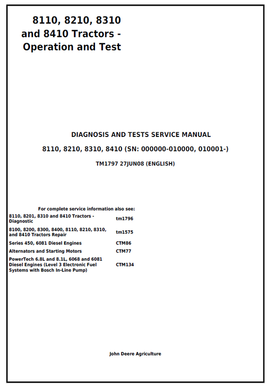 John Deere 8110 8210 8310 8410 Tractor Diagnosis and Test Manual