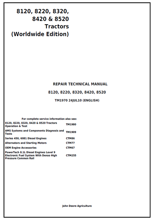 John Deere 8120 8220 8320 8420 8520 Tractor Repair Technical Manual