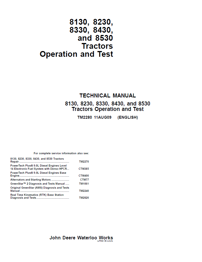 John Deere 8130 to 8530 Tractor TM2280 Technical Manual