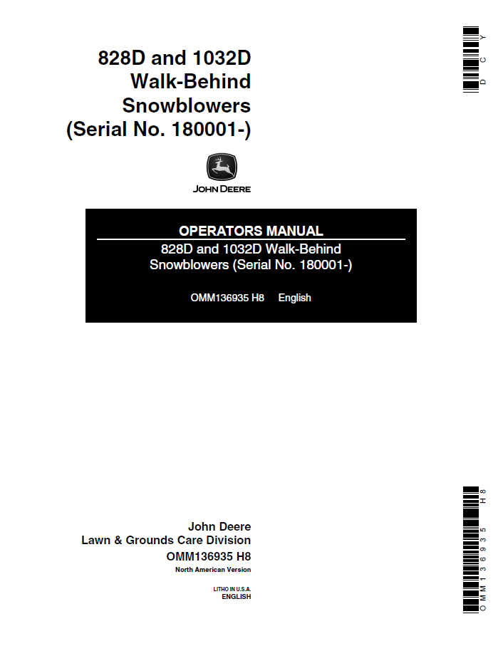 John Deere 828D 1032D Walk-Behind Snowblower Operator Manual PDF OMM136935