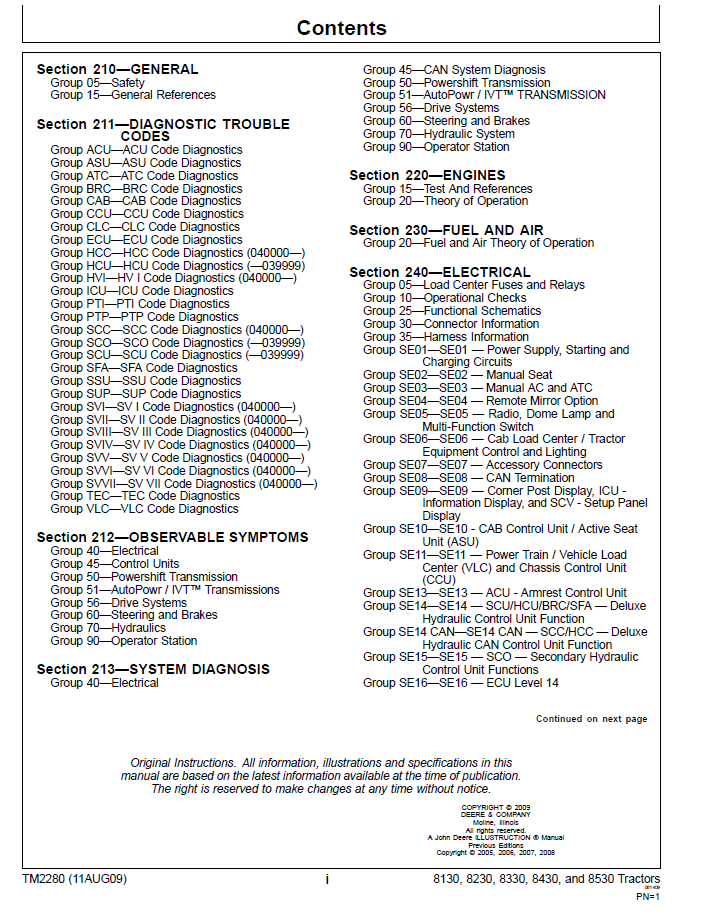 John Deere 8330 8430 8530 Operation and Test Manual (TM2280)