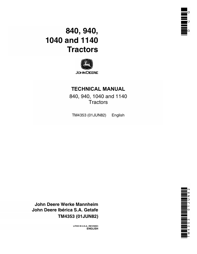 John Deere 840 940 1040 1140 Tractor Technical Manual TM4353