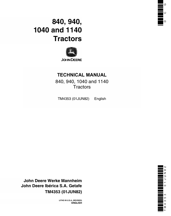 John Deere 840 940 1040 1140 Tractor Technical Manual TM4353 Download