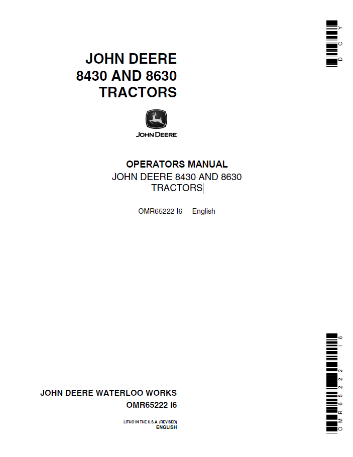 John Deere 8430 & 8630 Tractor Operator Manual (OMR65222)