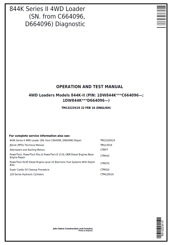 John Deere 844K Series II 4WD Loader Diagnostic, Operation & Test Manual (TM13223X19)