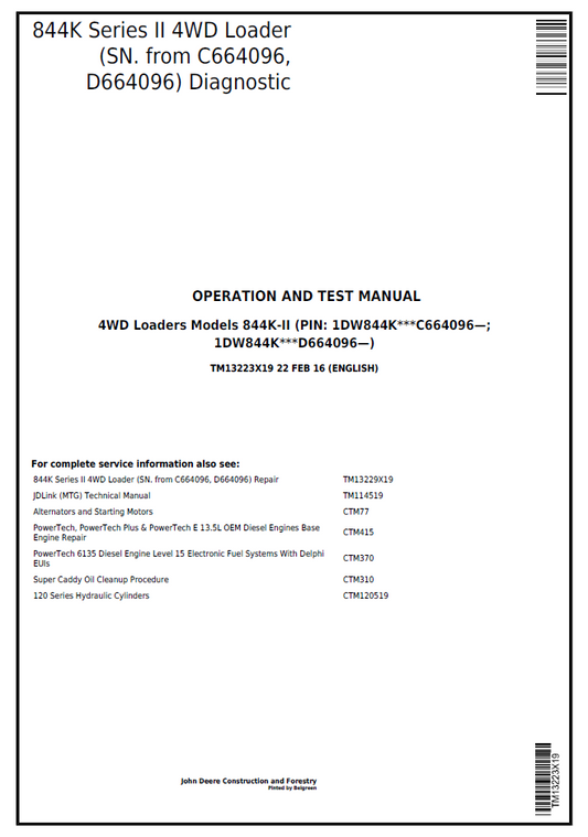 John Deere 844K Series II 4WD Loader Diagnostic, Operation & Test Manual (TM13223X19)