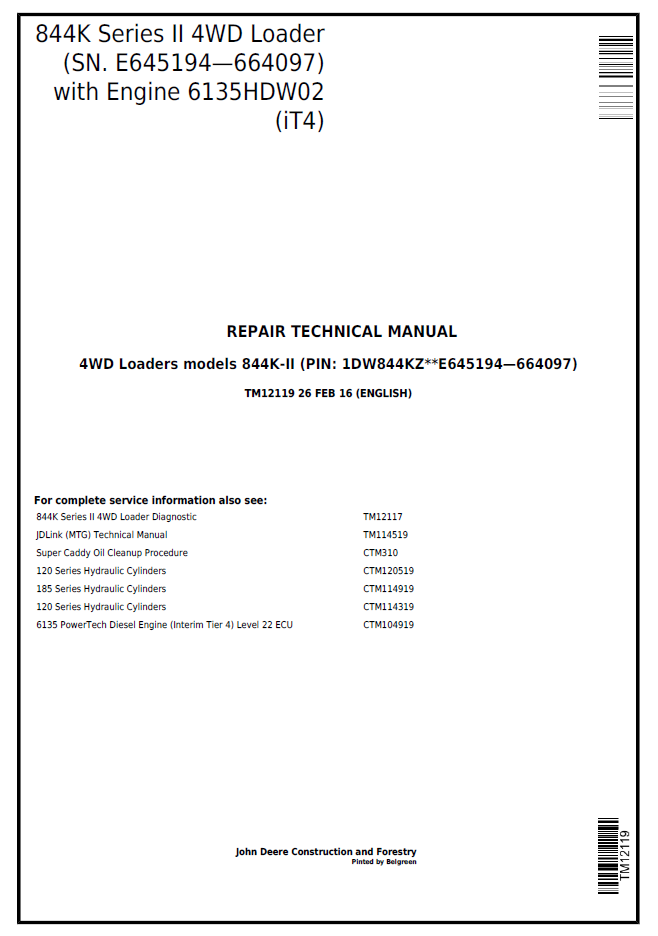 John Deere 844K Series II 4WD Loader Repair Technical Manual (TM12119)