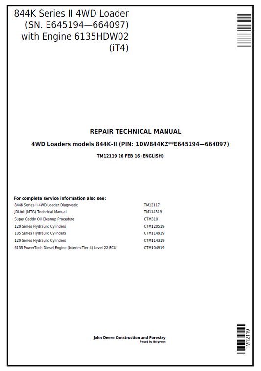 John Deere 844K Series II 4WD Loader Repair Technical Manual (TM12119)