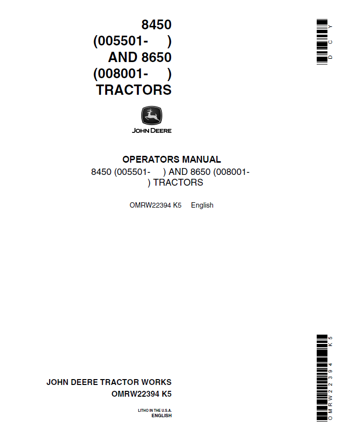 John Deere 8450 & 8650 Tractor Operator Manual (OMRW22394)
