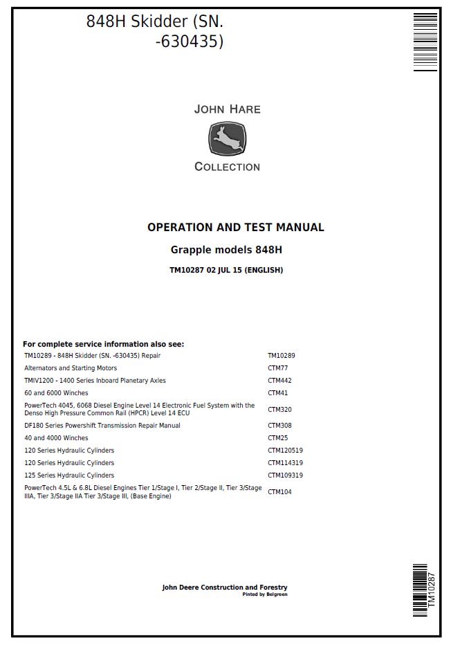 John Deere 848H Skidder Operation & Test Manual (TM10287)