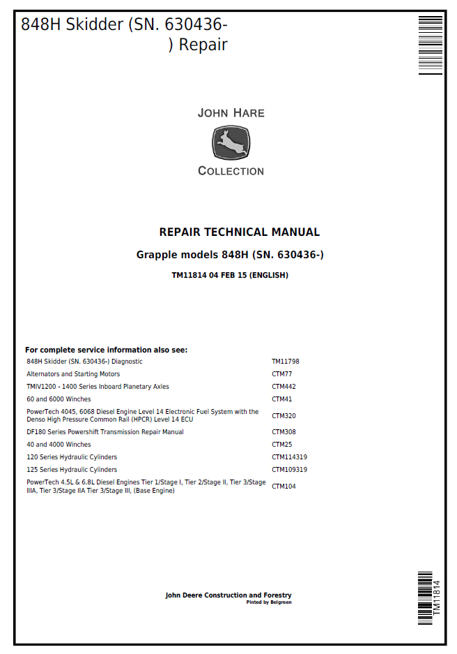 John Deere 848H Skidder Repair Technical Manual (TM11814)