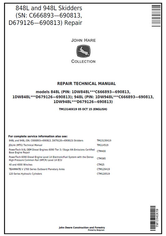 John Deere 848L & 948L Skidder Repair Technical Manual (TM13140X19)