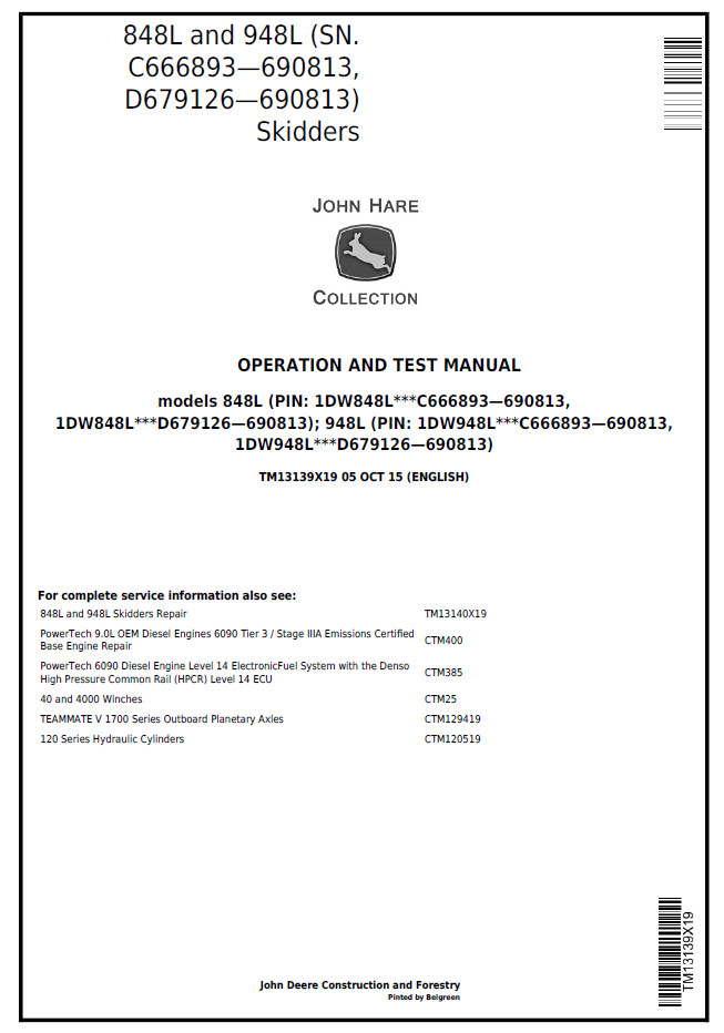 John Deere 848L & 948L Skidder TM13139X19 Operation and Test Manual