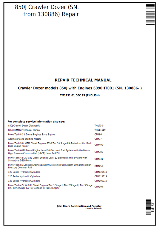 John Deere 850J Crawler Dozer Repair Technical Manual (TM1731)