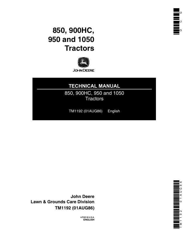 John Deere 850 900HC 950 & 1050 Tractor Technical Manual TM1192