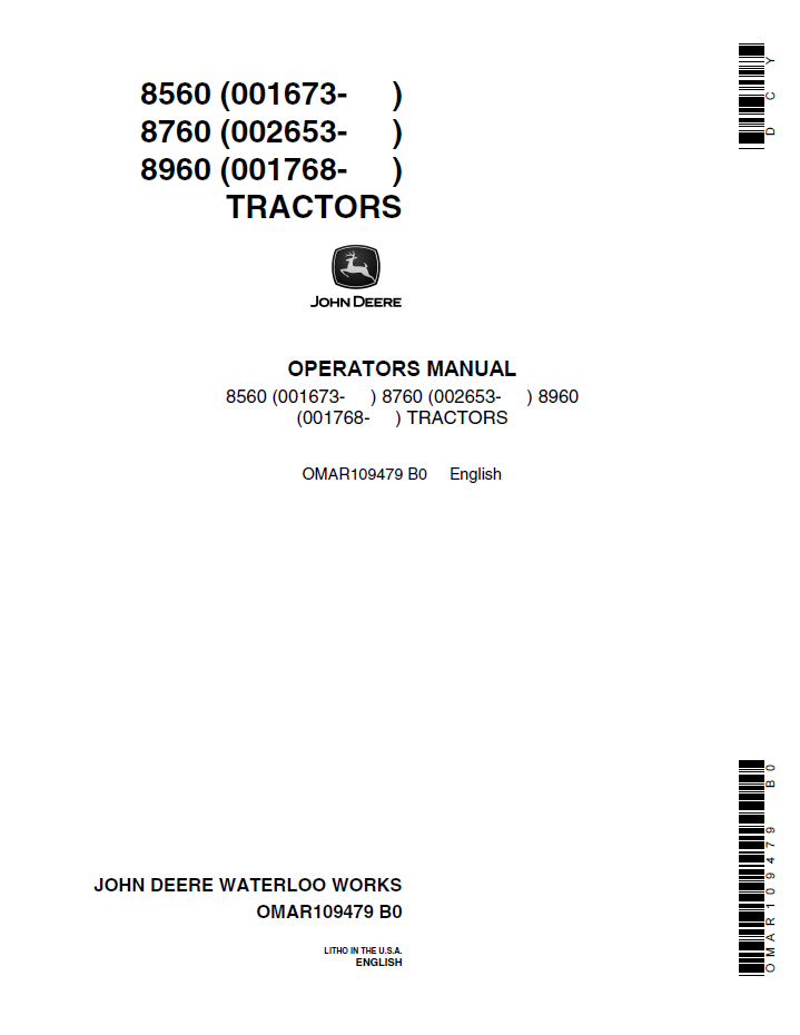 John Deere 8560 8760 8960 Tractor OMAR109479 Operator Manual PDF