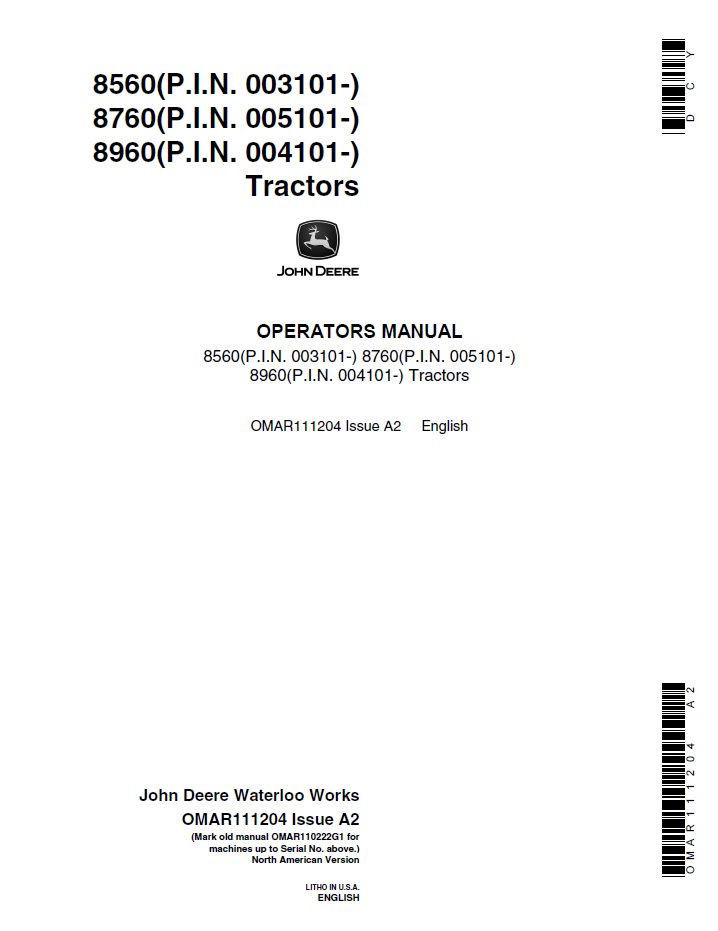 John Deere 8560 8760 8960 Tractor OMAR111204 Operator Manual PDF