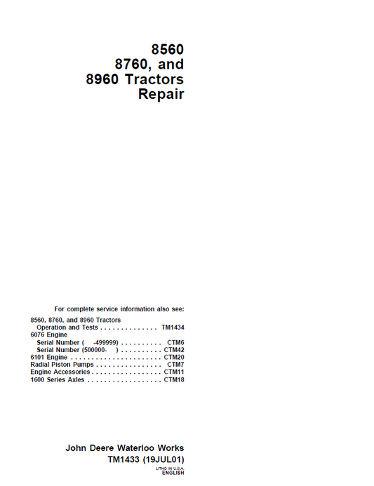 John Deere 8560, 8760 & 8960 Tractor Workshop & Repair Manual (TM1433)