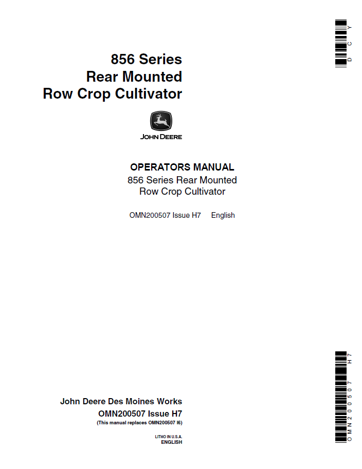 John Deere 856 Series Rear Mounted Row Crop Cultivator Manual (OMN200507)