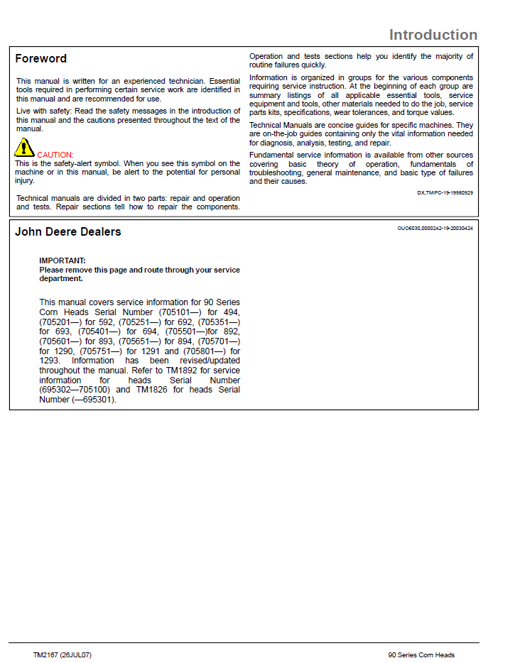 John Deere 90 Series Corn Header TM2167 Service Repair Guide